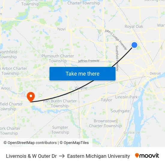 Livernois & W Outer Dr to Eastern Michigan University map