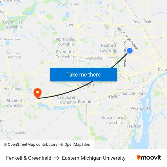 Fenkell & Greenfield to Eastern Michigan University map