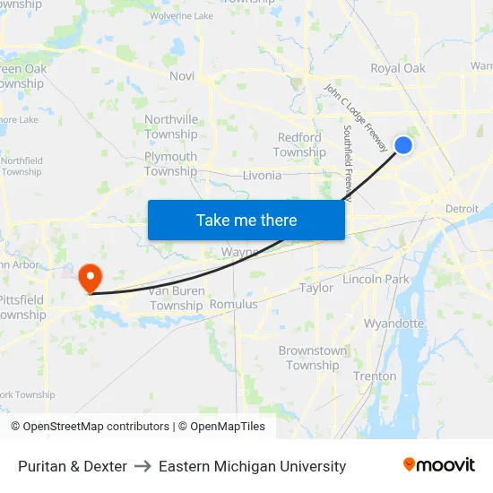 Puritan & Dexter to Eastern Michigan University map