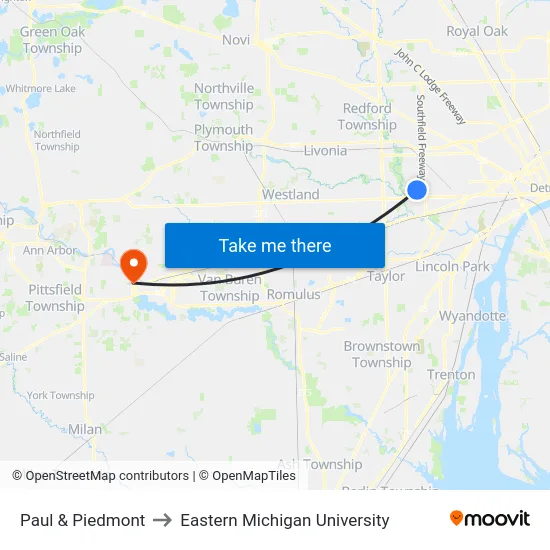 Paul & Piedmont to Eastern Michigan University map