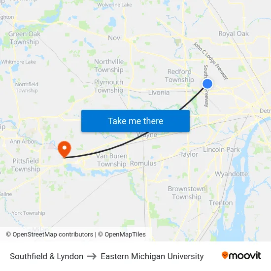 Southfield & Lyndon to Eastern Michigan University map