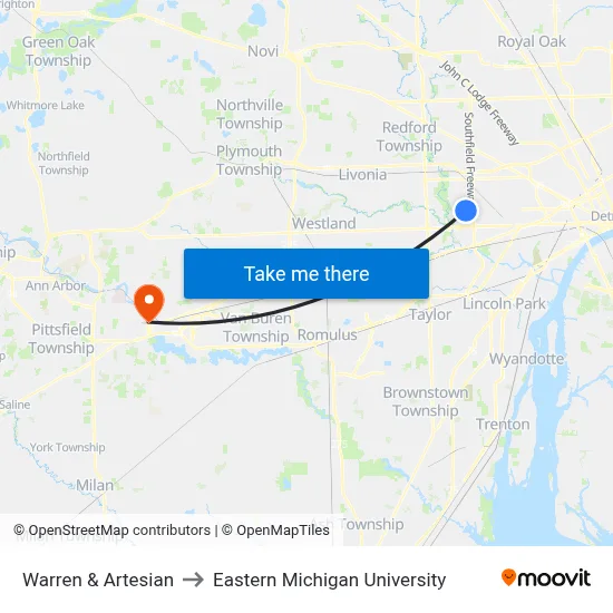 Warren & Artesian to Eastern Michigan University map