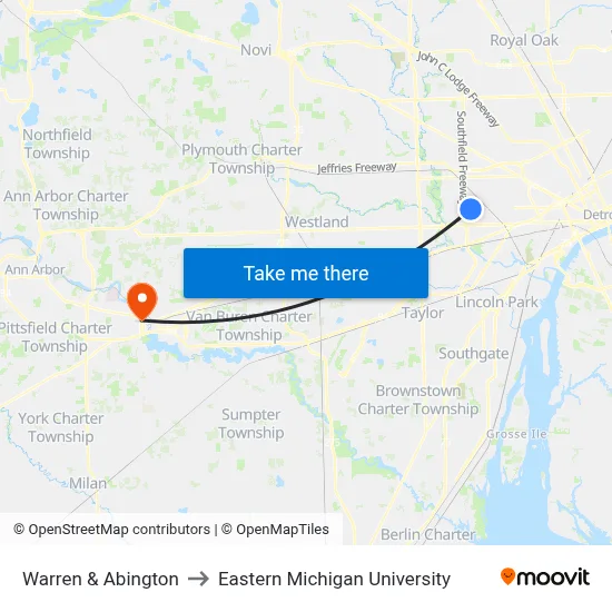 Warren & Abington to Eastern Michigan University map