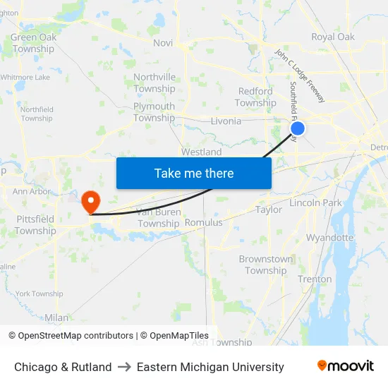 Chicago & Rutland to Eastern Michigan University map