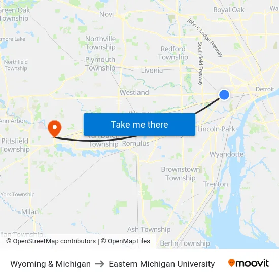 Wyoming & Michigan to Eastern Michigan University map