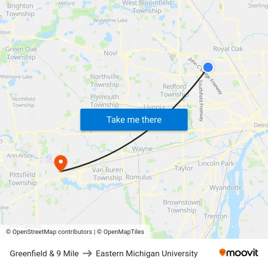 Greenfield & 9 Mile to Eastern Michigan University map