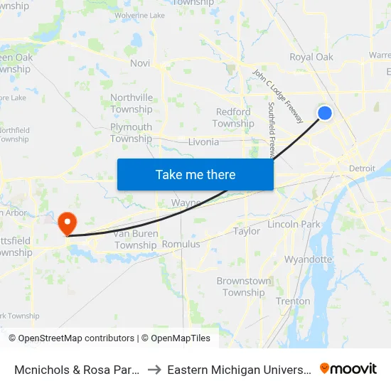 Mcnichols & Rosa Parks to Eastern Michigan University map