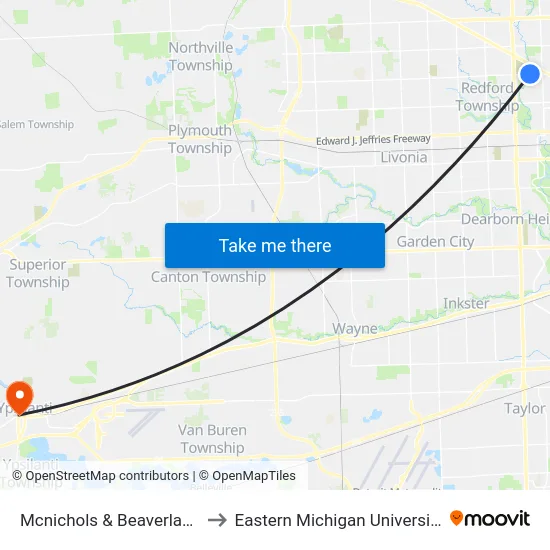 Mcnichols & Beaverland to Eastern Michigan University map