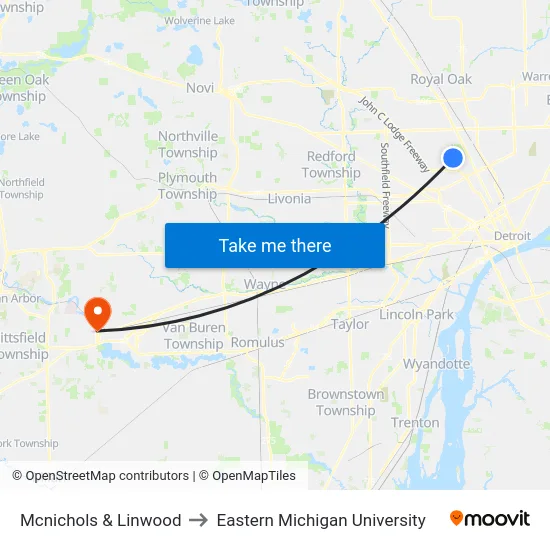 Mcnichols & Linwood to Eastern Michigan University map