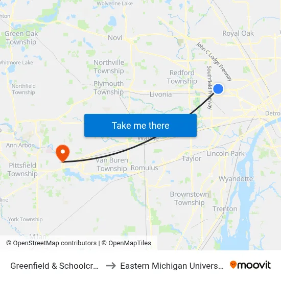 Greenfield & Schoolcraft to Eastern Michigan University map