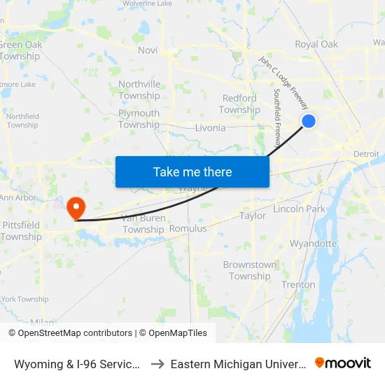 Wyoming & I-96 Service Dr to Eastern Michigan University map