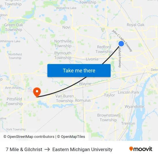 7 Mile & Gilchrist to Eastern Michigan University map