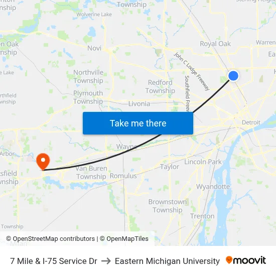 7 Mile & I-75 Service Dr to Eastern Michigan University map
