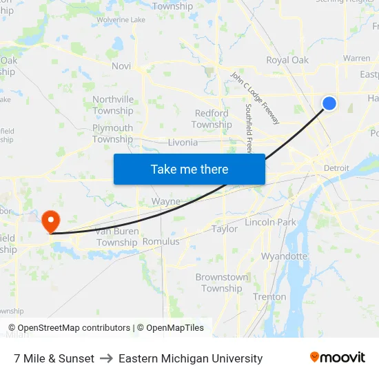 7 Mile & Sunset to Eastern Michigan University map