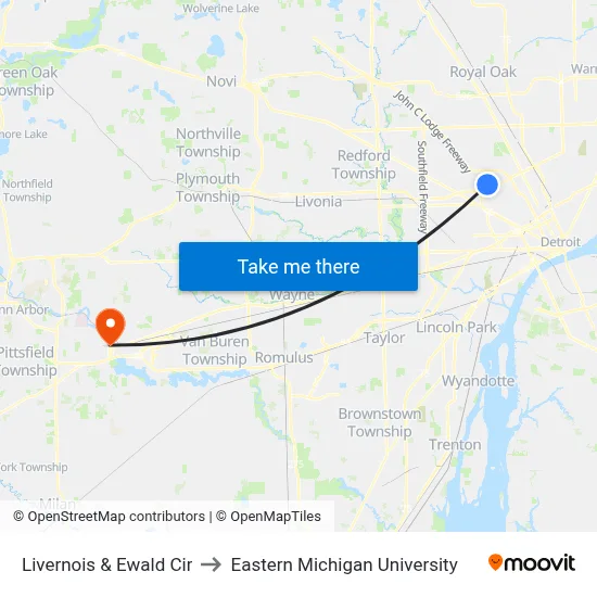 Livernois & Ewald Cir to Eastern Michigan University map