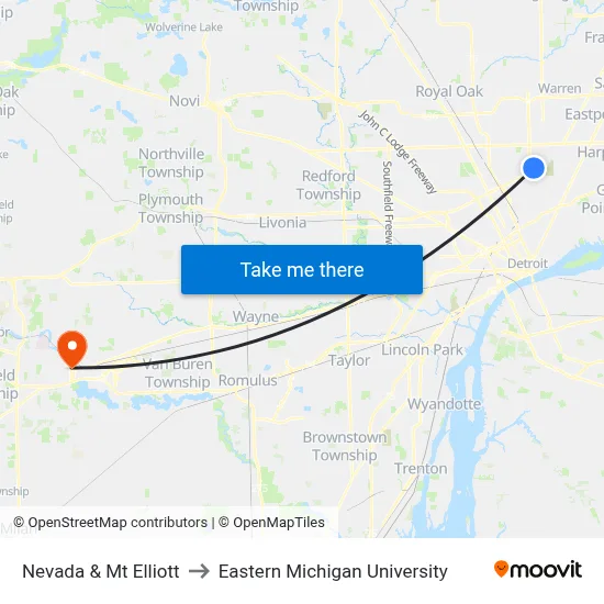 Nevada & Mt Elliott to Eastern Michigan University map