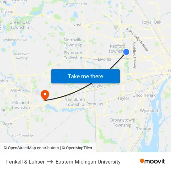 Fenkell & Lahser to Eastern Michigan University map