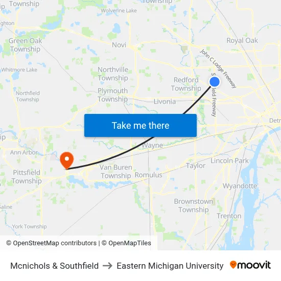Mcnichols & Southfield to Eastern Michigan University map