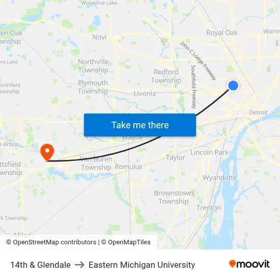 14th & Glendale to Eastern Michigan University map