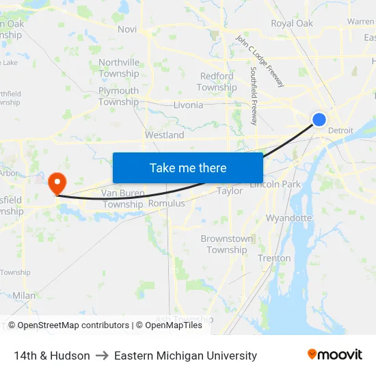 14th & Hudson to Eastern Michigan University map