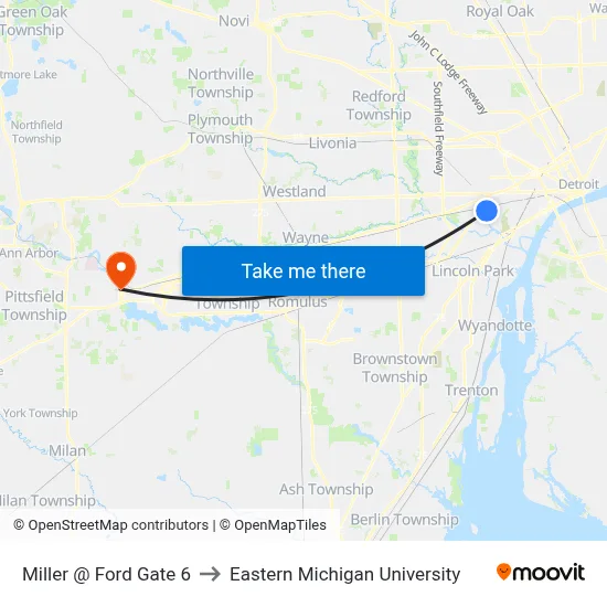 Miller @ Ford Gate 6 to Eastern Michigan University map
