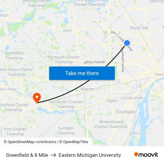 Greenfield & 8 Mile to Eastern Michigan University map