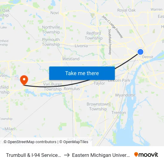 Trumbull & I-94 Service Dr to Eastern Michigan University map