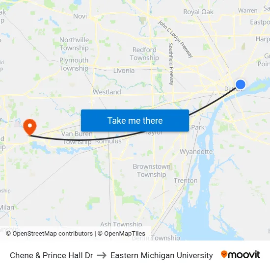 Chene & Prince Hall Dr to Eastern Michigan University map