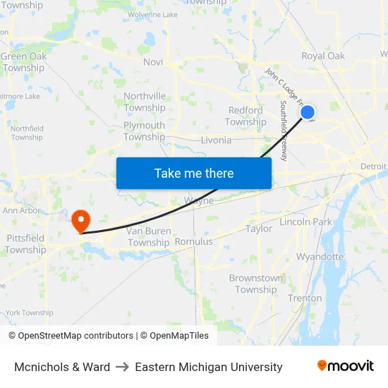 Mcnichols & Ward to Eastern Michigan University map