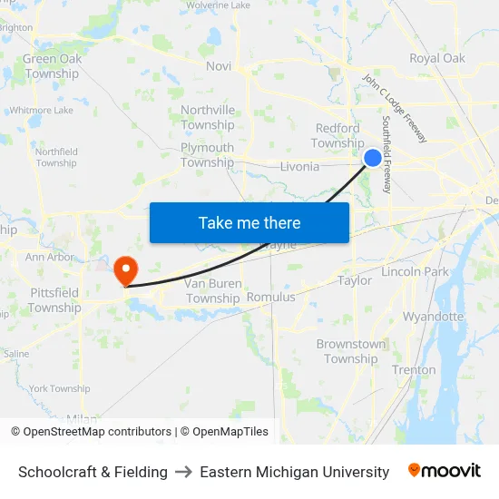 Schoolcraft & Fielding to Eastern Michigan University map