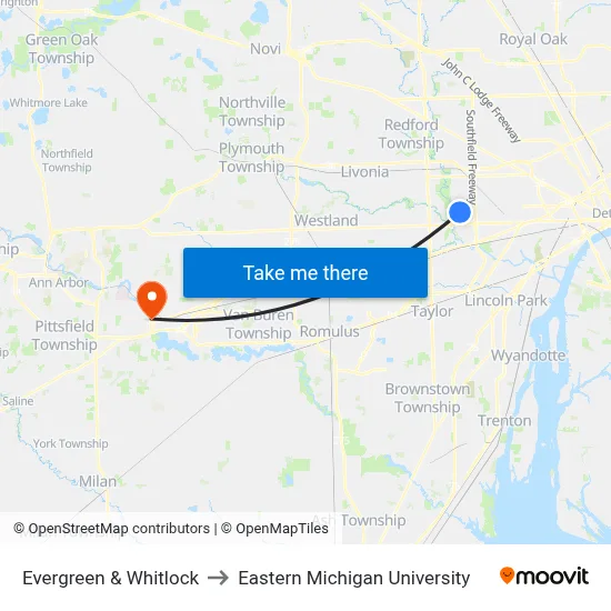 Evergreen & Whitlock to Eastern Michigan University map