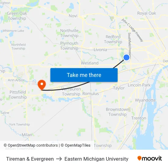 Tireman & Evergreen to Eastern Michigan University map