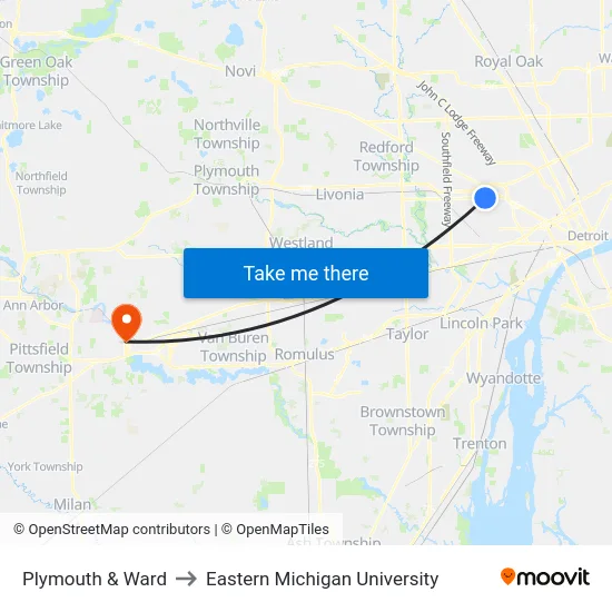 Plymouth & Ward to Eastern Michigan University map