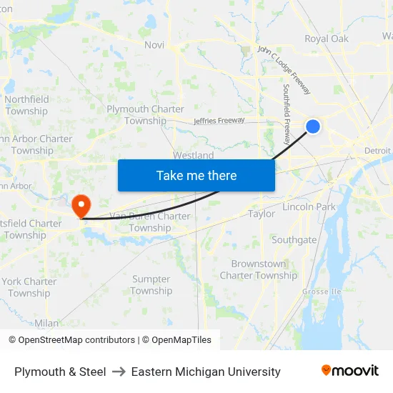 Plymouth & Steel to Eastern Michigan University map