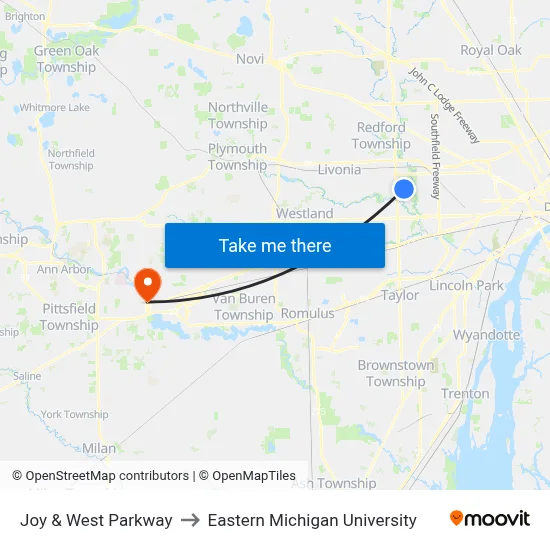 Joy & West Parkway to Eastern Michigan University map