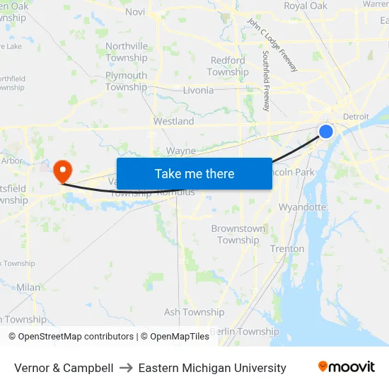 Vernor & Campbell to Eastern Michigan University map