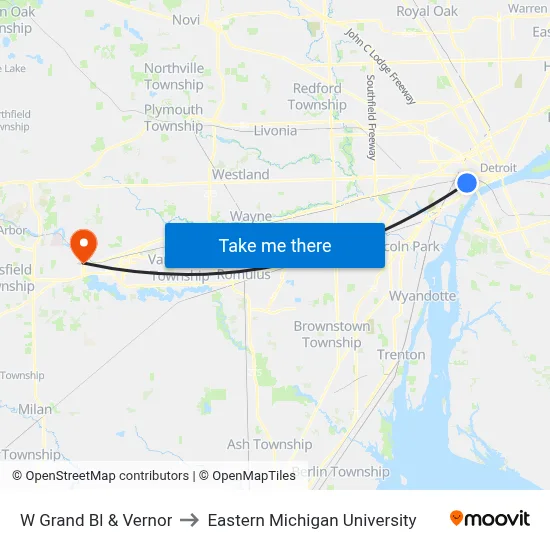 W Grand Bl & Vernor to Eastern Michigan University map