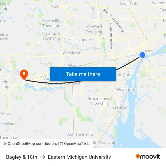 Bagley & 18th to Eastern Michigan University map