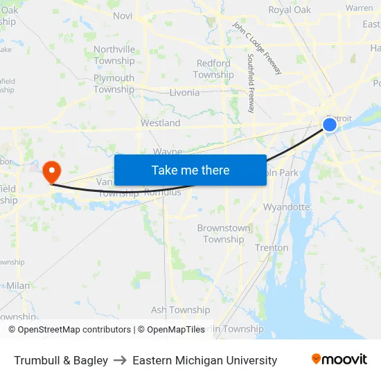 Trumbull & Bagley to Eastern Michigan University map