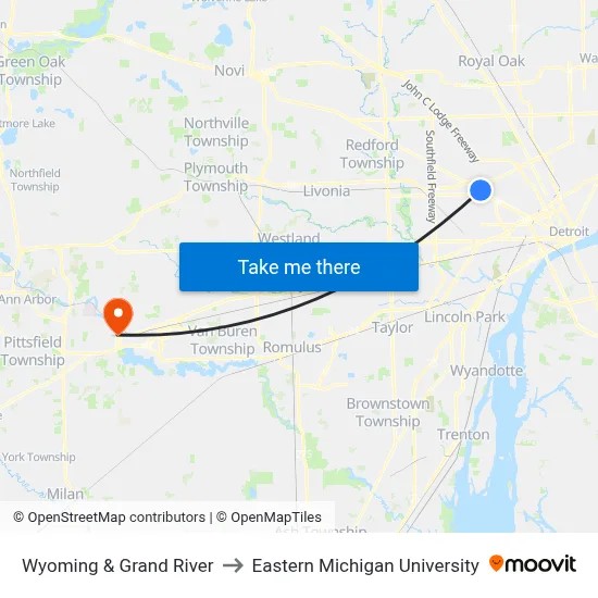 Wyoming & Grand River to Eastern Michigan University map