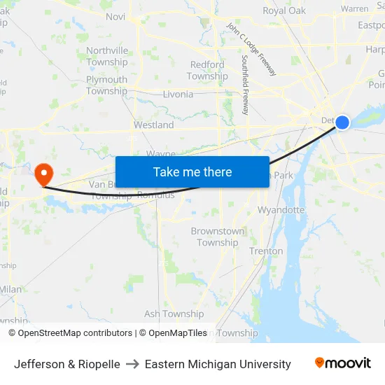 Jefferson & Riopelle to Eastern Michigan University map