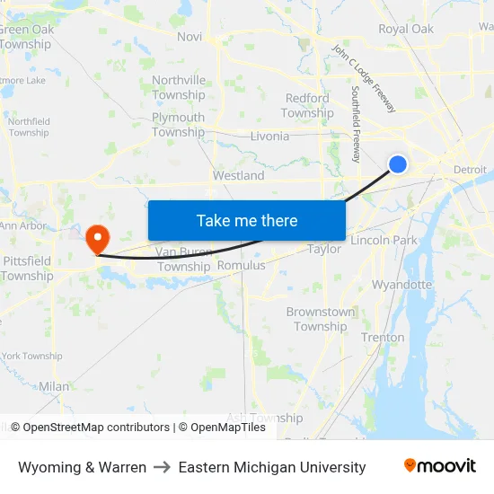 Wyoming & Warren to Eastern Michigan University map
