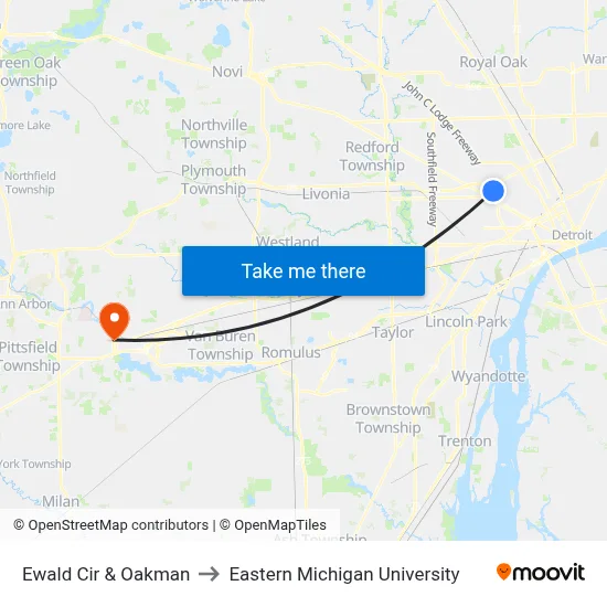 Ewald Cir & Oakman to Eastern Michigan University map