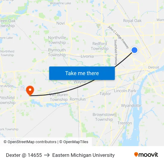 Dexter @ 14655 to Eastern Michigan University map