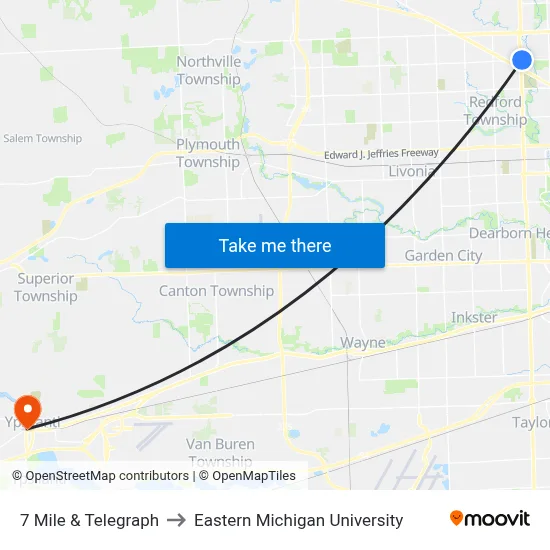 7 Mile & Telegraph to Eastern Michigan University map