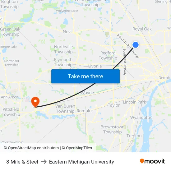 8 Mile & Steel to Eastern Michigan University map