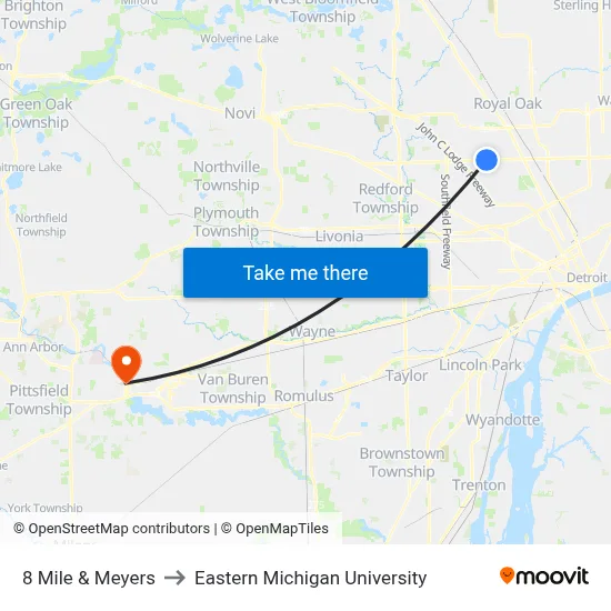8 Mile & Meyers to Eastern Michigan University map