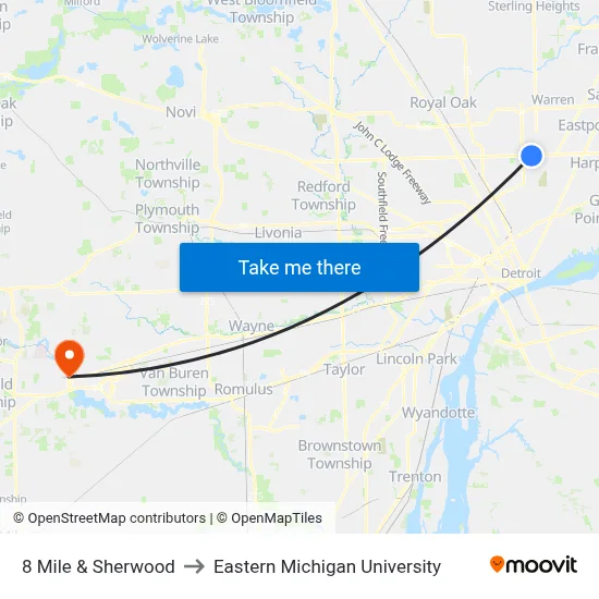 8 Mile & Sherwood to Eastern Michigan University map