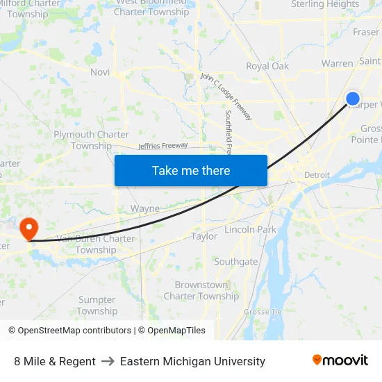 8 Mile & Regent to Eastern Michigan University map