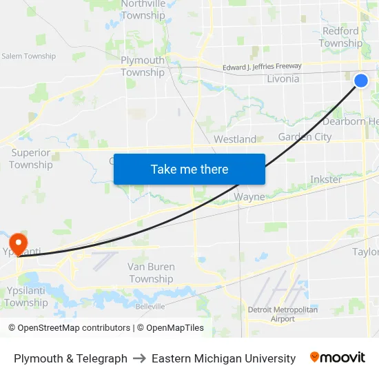 Plymouth & Telegraph to Eastern Michigan University map